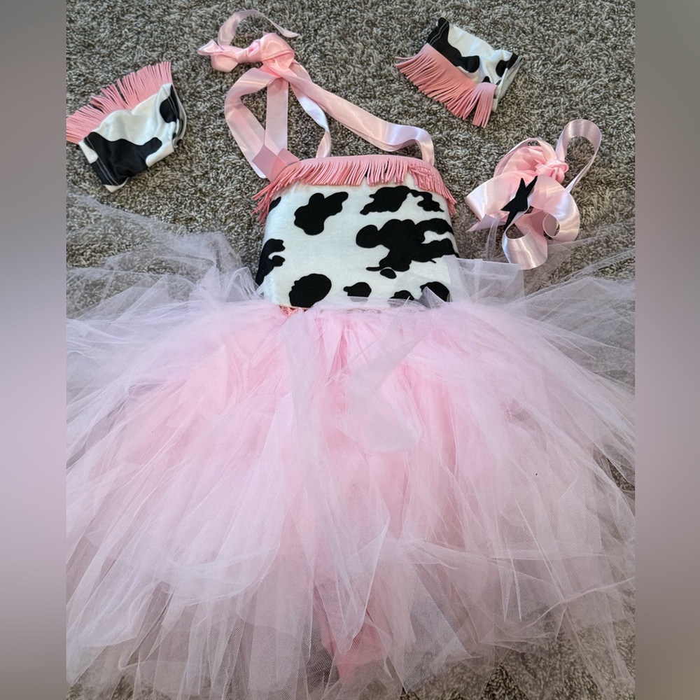 Pink Cow-Print Tutu Dress with Fringe Straps